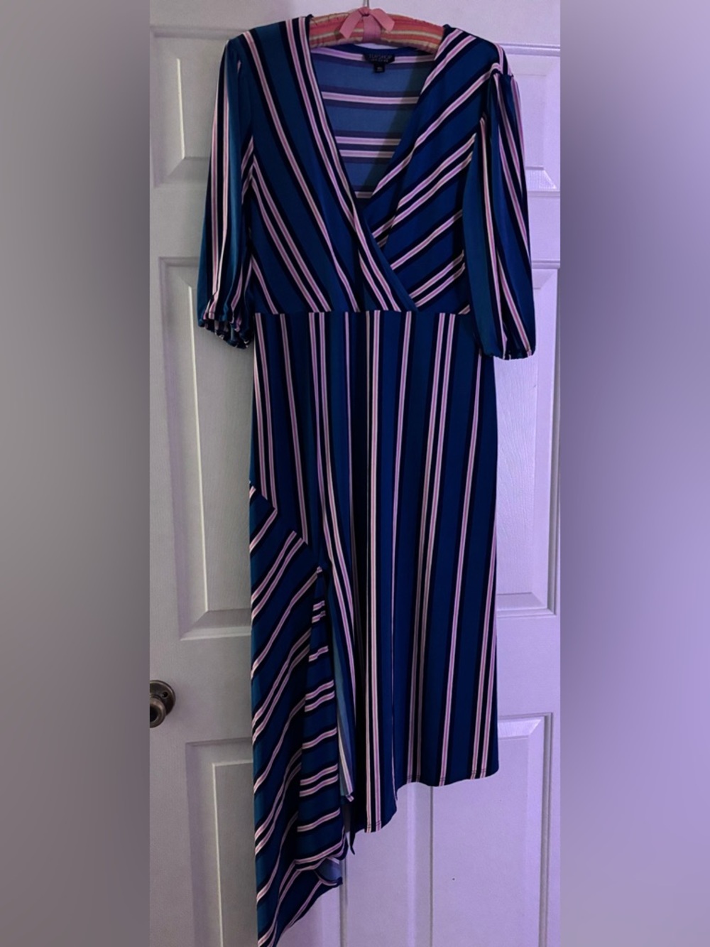 Topshop Navy Blue and Pink Asymmetrical Striped Midi Dress